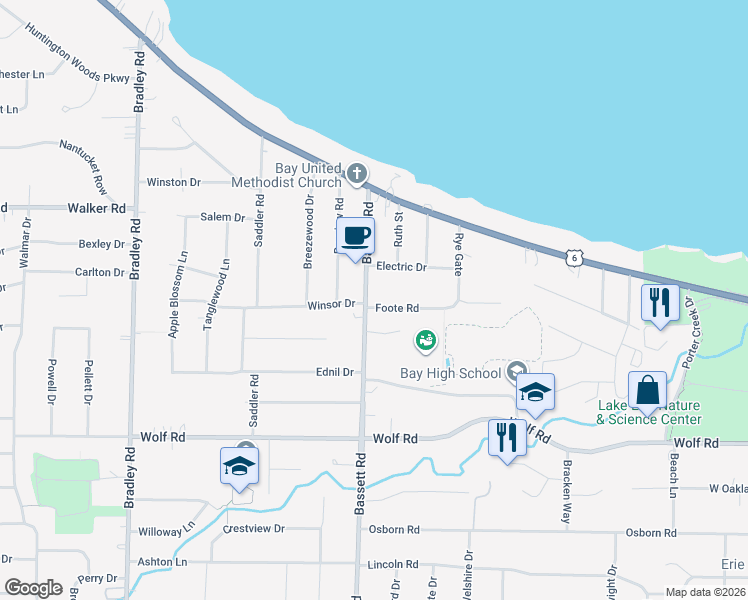 map of restaurants, bars, coffee shops, grocery stores, and more near 351 Bassett Road in Bay Village