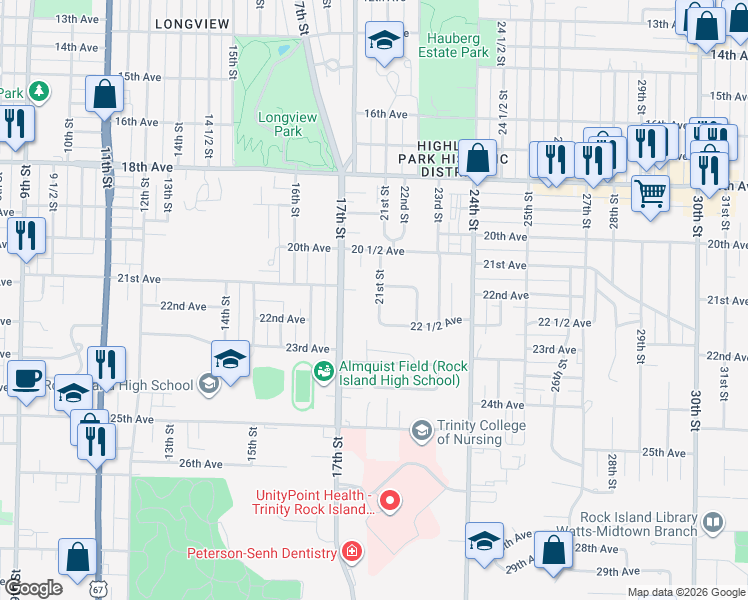 map of restaurants, bars, coffee shops, grocery stores, and more near 2100 21st Street in Rock Island