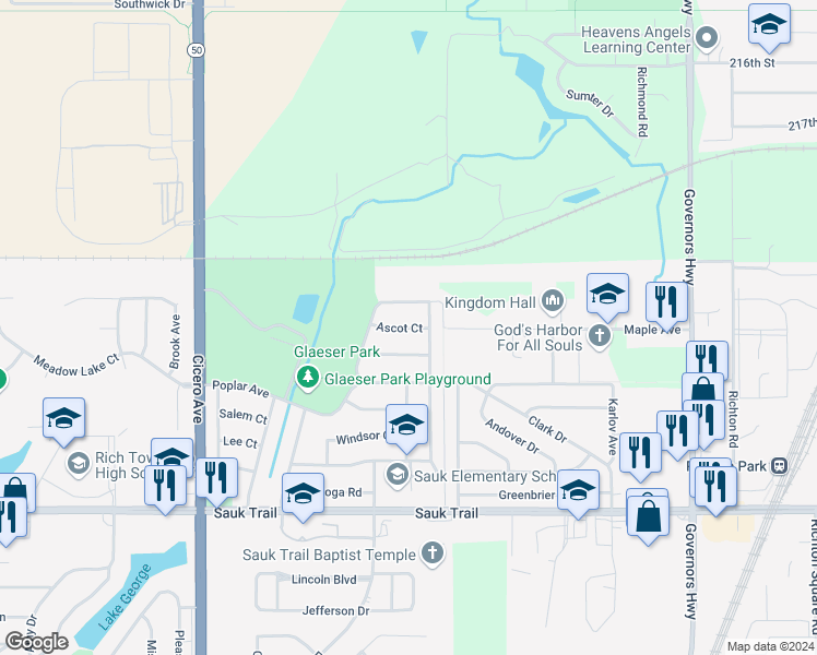 map of restaurants, bars, coffee shops, grocery stores, and more near 4442 Ascot Court in Richton Park