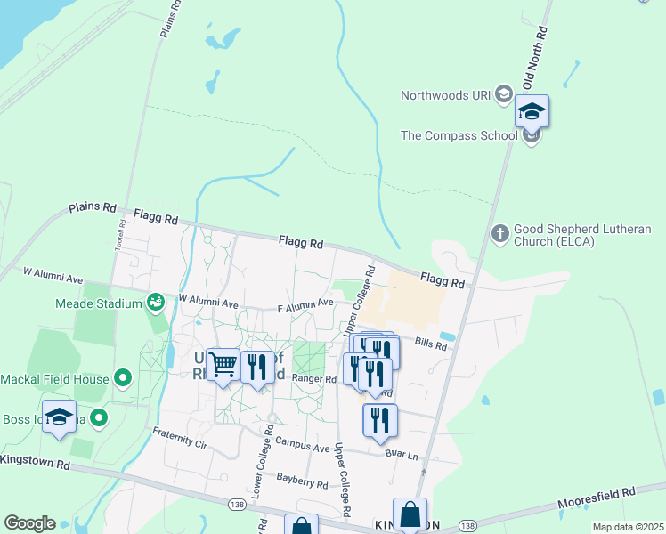 map of restaurants, bars, coffee shops, grocery stores, and more near University of Rhode Island Challenge Course Road in South Kingstown