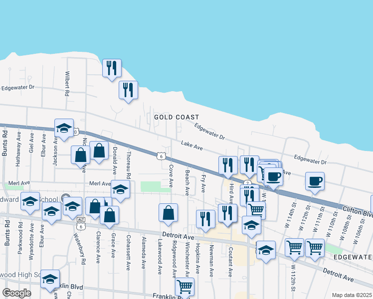 map of restaurants, bars, coffee shops, grocery stores, and more near 12037 Lake Avenue in Lakewood
