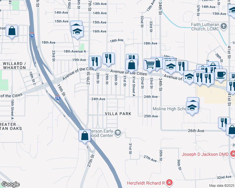 map of restaurants, bars, coffee shops, grocery stores, and more near 2380 30th Street in Moline