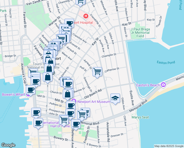map of restaurants, bars, coffee shops, grocery stores, and more near 71 Ayrault Street in Newport