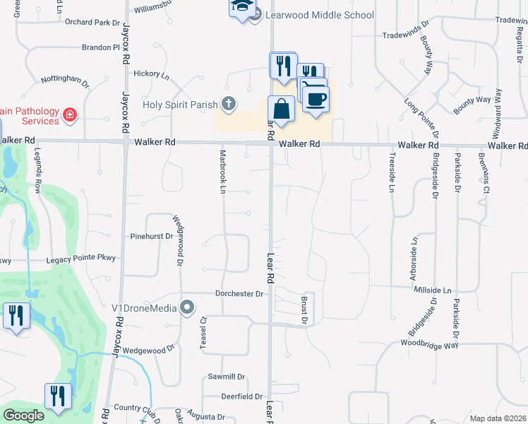 map of restaurants, bars, coffee shops, grocery stores, and more near 552 Monticello Drive in Avon Lake