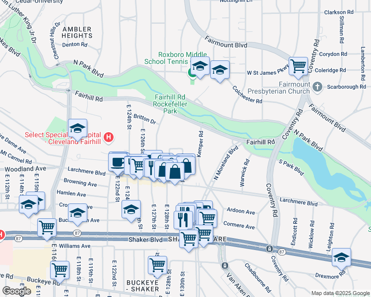 map of restaurants, bars, coffee shops, grocery stores, and more near 2531 Cheshire Road in Shaker Heights