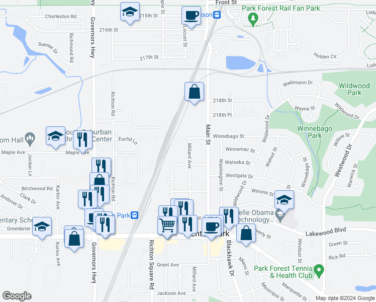 map of restaurants, bars, coffee shops, grocery stores, and more near 21944 Millard Avenue in Richton Park