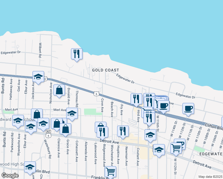 map of restaurants, bars, coffee shops, grocery stores, and more near 12037 Lake Avenue in Lakewood