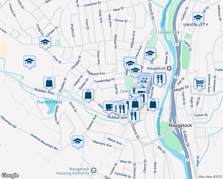 map of restaurants, bars, coffee shops, grocery stores, and more near 16 Moore Avenue in Naugatuck