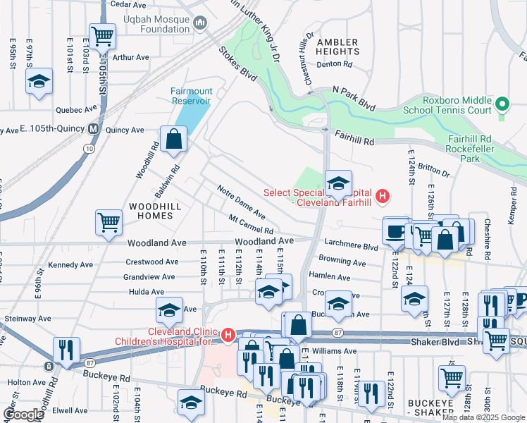 map of restaurants, bars, coffee shops, grocery stores, and more near 11221 Notre Dame Avenue in Cleveland
