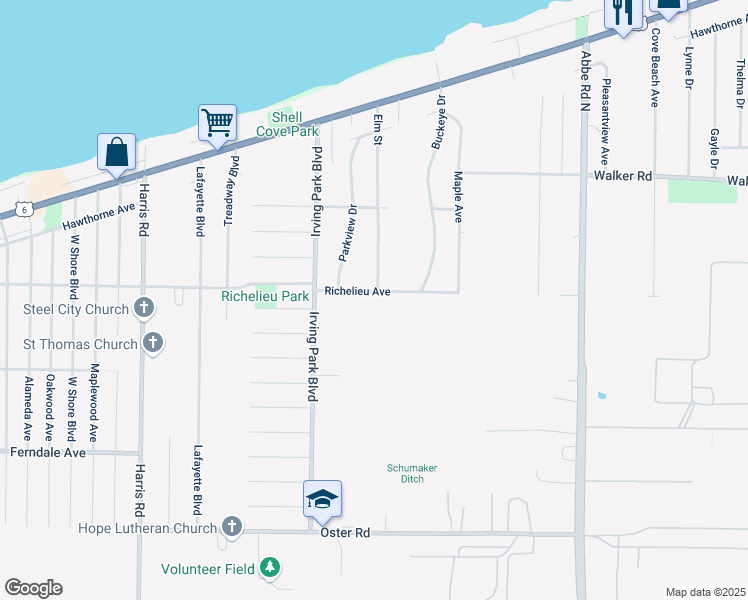 map of restaurants, bars, coffee shops, grocery stores, and more near 5005 Richelieu Avenue in Sheffield Lake