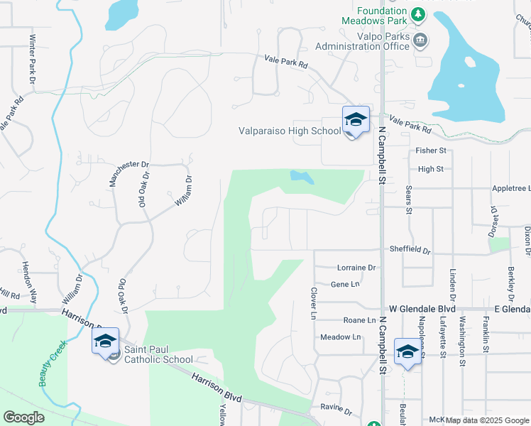 map of restaurants, bars, coffee shops, grocery stores, and more near 453 Golfview Boulevard in Valparaiso