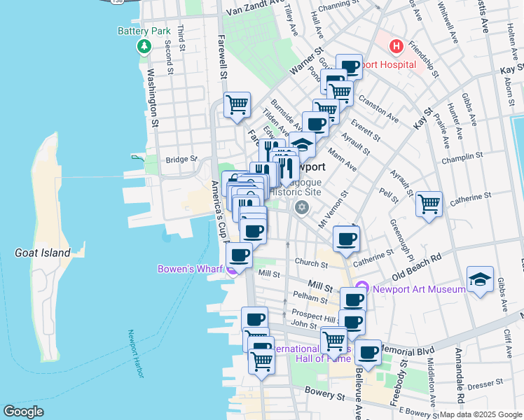 map of restaurants, bars, coffee shops, grocery stores, and more near 29 Touro St in Newport