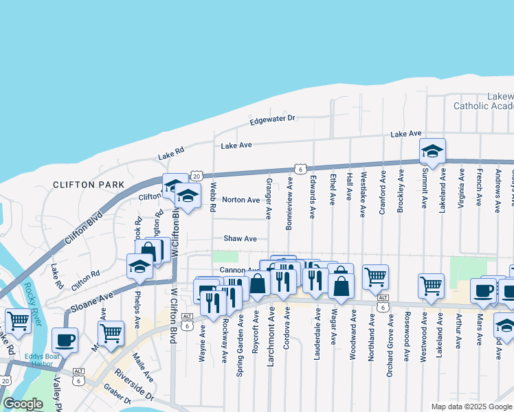 map of restaurants, bars, coffee shops, grocery stores, and more near 17419 Norton Avenue in Lakewood