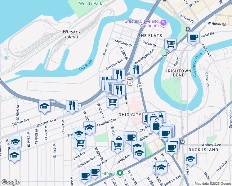 map of restaurants, bars, coffee shops, grocery stores, and more near 2908 Church Avenue in Cleveland