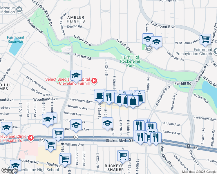 map of restaurants, bars, coffee shops, grocery stores, and more near 2512 East 126th Street in Cleveland