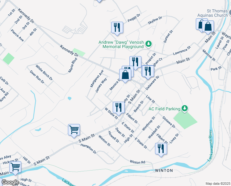 map of restaurants, bars, coffee shops, grocery stores, and more near 800 Lori Drive in Archbald