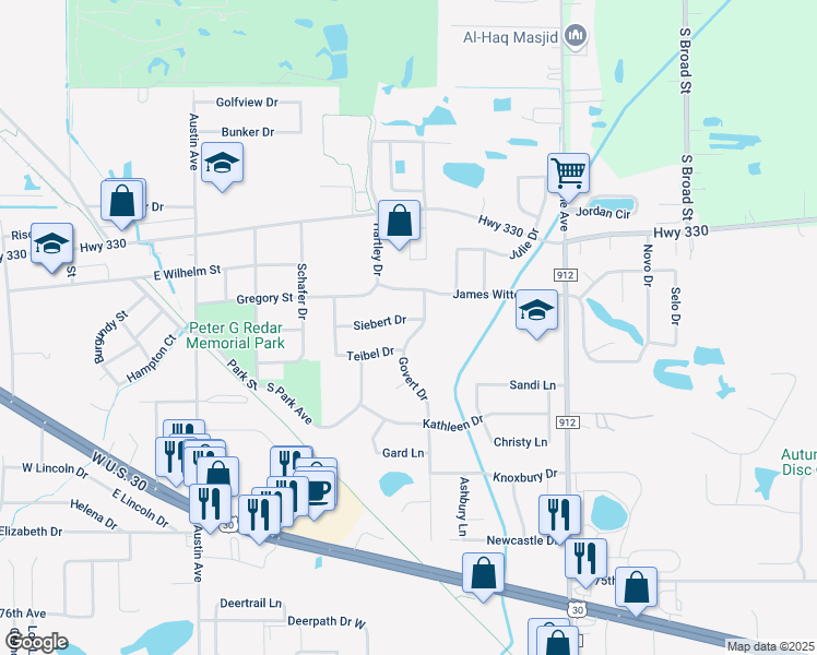 map of restaurants, bars, coffee shops, grocery stores, and more near 529 Siebert Drive in Schererville