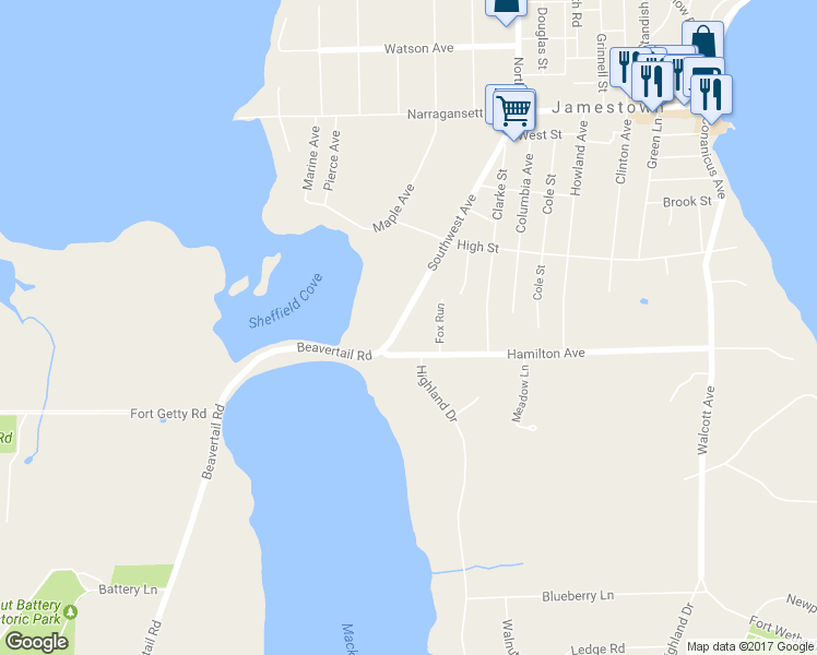 map of restaurants, bars, coffee shops, grocery stores, and more near 133 Southwest Avenue in Jamestown