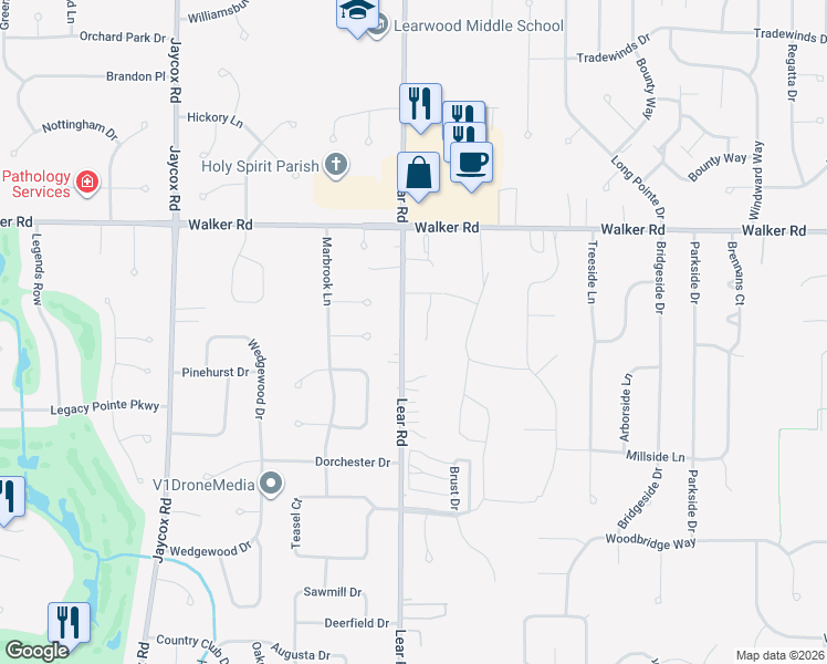 map of restaurants, bars, coffee shops, grocery stores, and more near 552 Monticello Drive in Avon Lake
