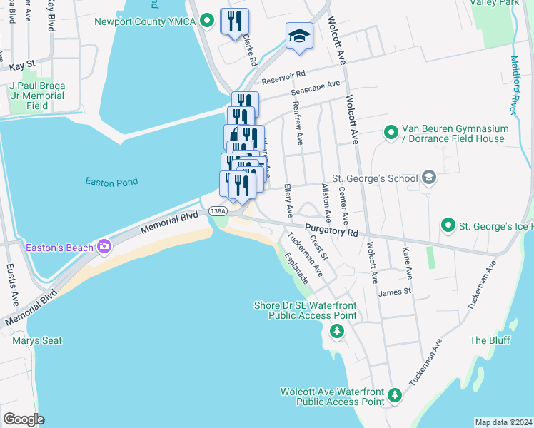 map of restaurants, bars, coffee shops, grocery stores, and more near 20 Crescent Road in Middletown