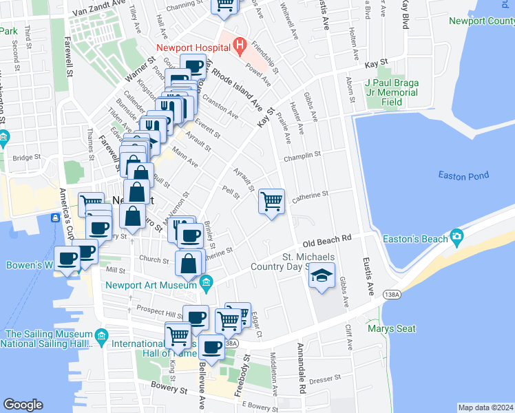 map of restaurants, bars, coffee shops, grocery stores, and more near 71 Ayrault Street in Newport