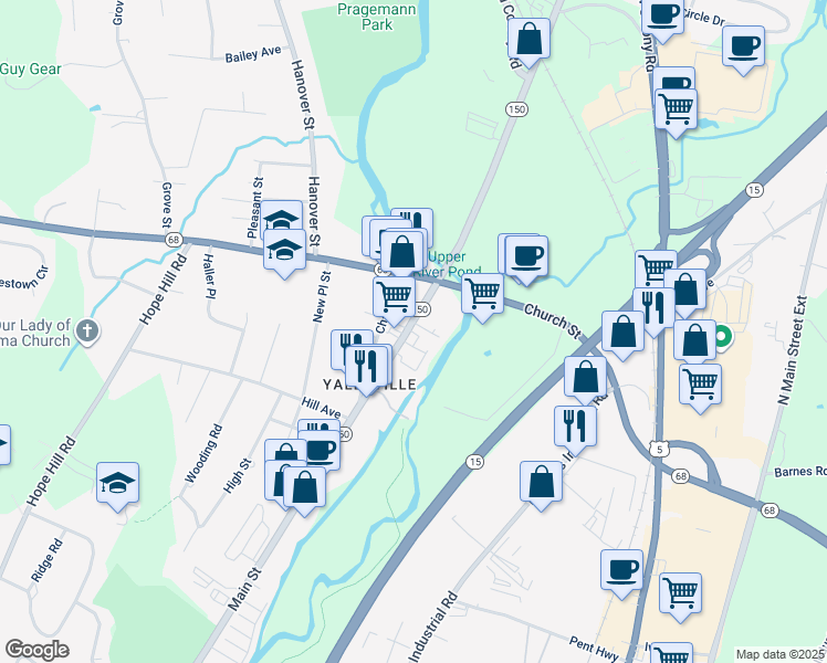 map of restaurants, bars, coffee shops, grocery stores, and more near 422 Main Street in Wallingford