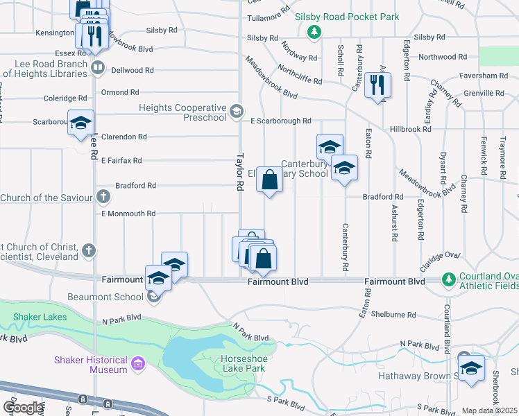map of restaurants, bars, coffee shops, grocery stores, and more near 2552 Queenston Road in Cleveland Heights