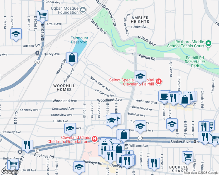 map of restaurants, bars, coffee shops, grocery stores, and more near 11221 Notre Dame Avenue in Cleveland