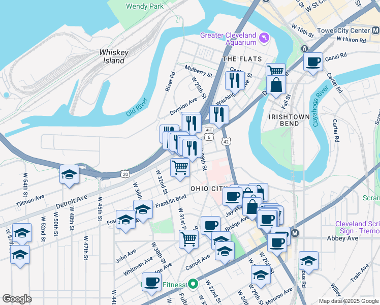 map of restaurants, bars, coffee shops, grocery stores, and more near 2814 U.S. 6 Alternate in Cleveland