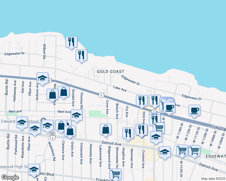 map of restaurants, bars, coffee shops, grocery stores, and more near 12037 Lake Avenue in Lakewood
