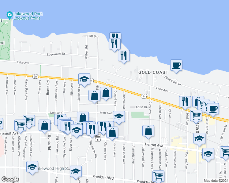 map of restaurants, bars, coffee shops, grocery stores, and more near 12925 Clifton Boulevard in Lakewood