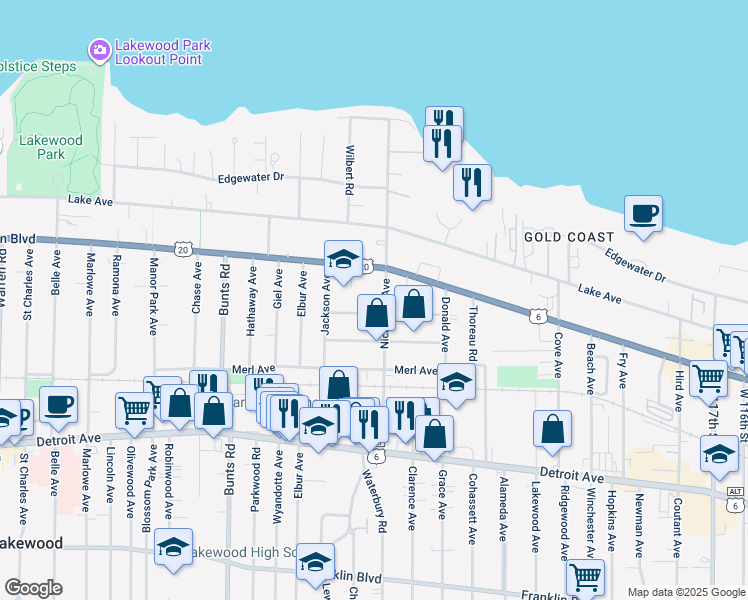 map of restaurants, bars, coffee shops, grocery stores, and more near 1212 Nicholson Avenue in Lakewood