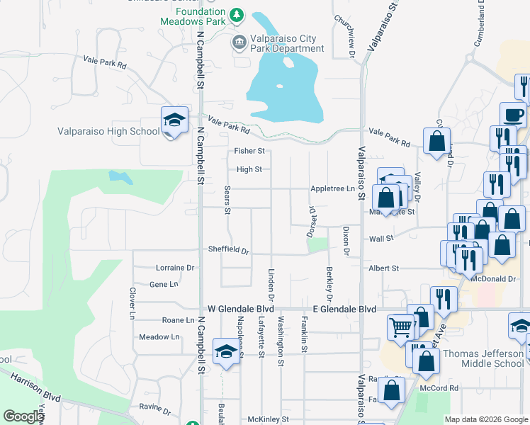 map of restaurants, bars, coffee shops, grocery stores, and more near 2398 Linden Dr in Valparaiso