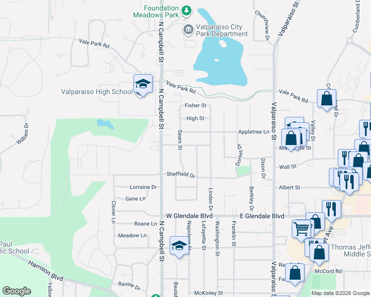 map of restaurants, bars, coffee shops, grocery stores, and more near 301-399 John Glenn Dr in Valparaiso
