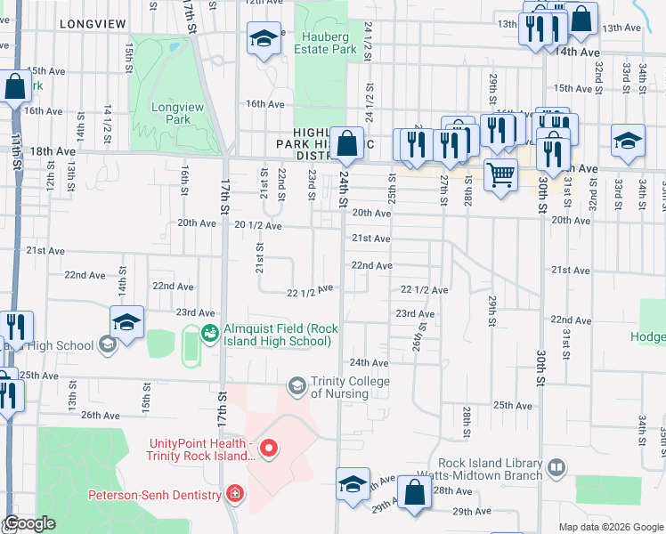 map of restaurants, bars, coffee shops, grocery stores, and more near 2128 24th Street in Rock Island