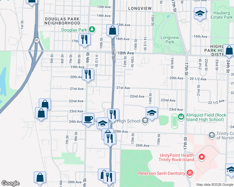 map of restaurants, bars, coffee shops, grocery stores, and more near 1114-1116 21st Avenue in Rock Island