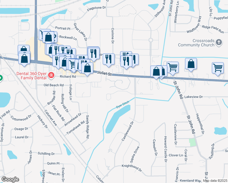 map of restaurants, bars, coffee shops, grocery stores, and more near 1463 Carriage Oaks Court in Dyer