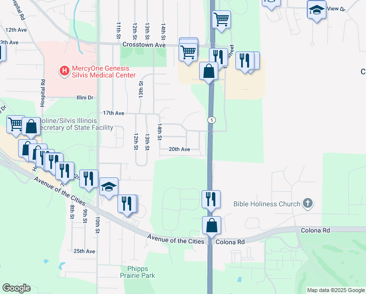 map of restaurants, bars, coffee shops, grocery stores, and more near 1429 20th Avenue in Silvis