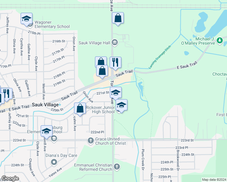 map of restaurants, bars, coffee shops, grocery stores, and more near 2601 Marigold Drive in Chicago Heights