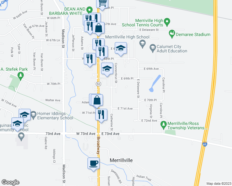 map of restaurants, bars, coffee shops, grocery stores, and more near Connecticut Street in Merrillville