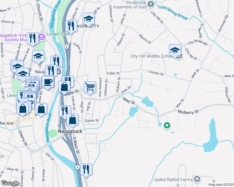 map of restaurants, bars, coffee shops, grocery stores, and more near 6 Auburn Street in Naugatuck