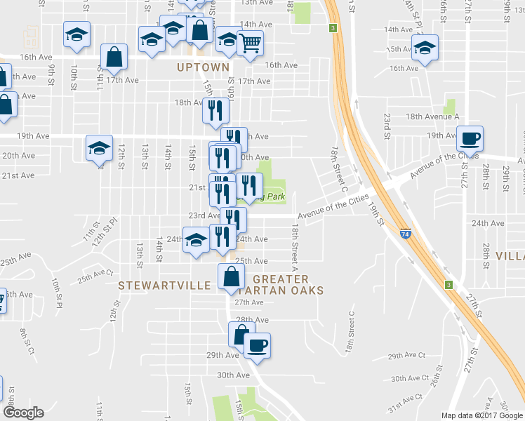 map of restaurants, bars, coffee shops, grocery stores, and more near 1801 Avenue of the Cities in Moline