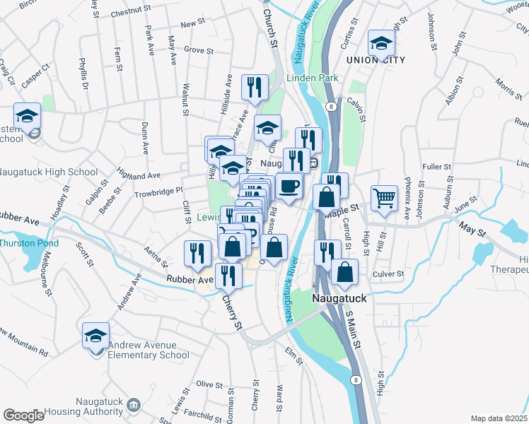 map of restaurants, bars, coffee shops, grocery stores, and more near in Naugatuck
