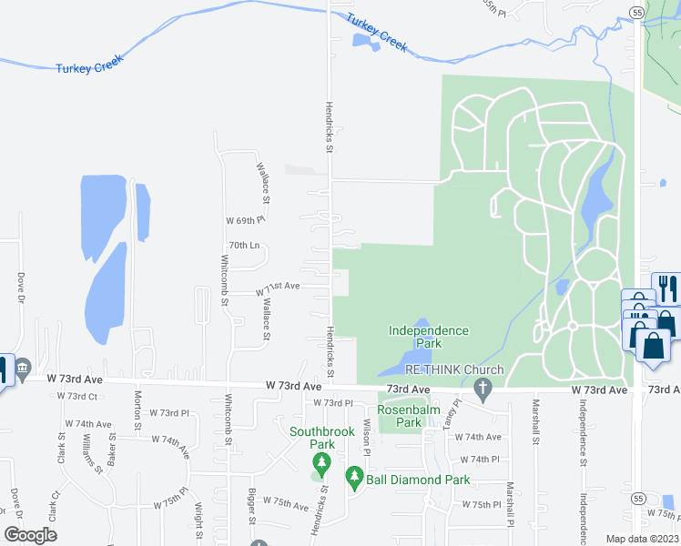 map of restaurants, bars, coffee shops, grocery stores, and more near 7103 Hendricks Street in Merrillville