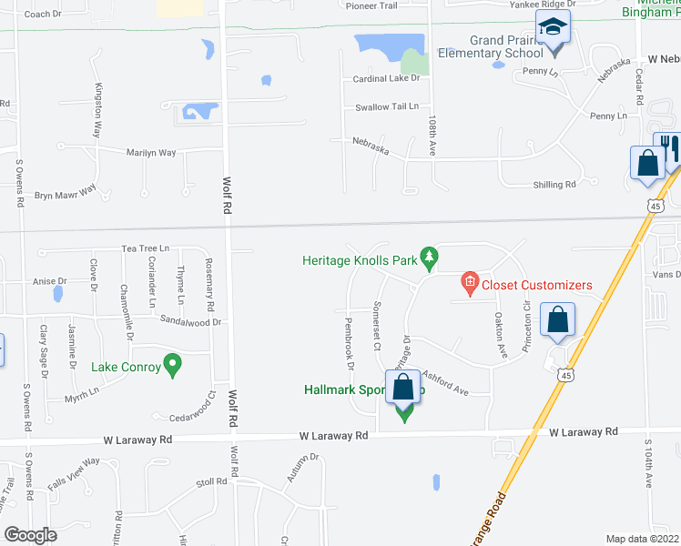 map of restaurants, bars, coffee shops, grocery stores, and more near 22064 Pembrook Drive in Frankfort