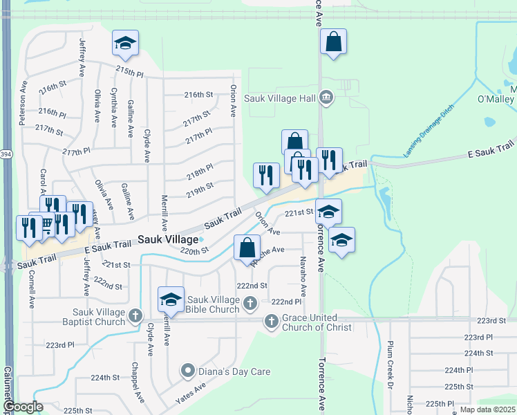 map of restaurants, bars, coffee shops, grocery stores, and more near 2400 East Sauk Trail in Sauk Village