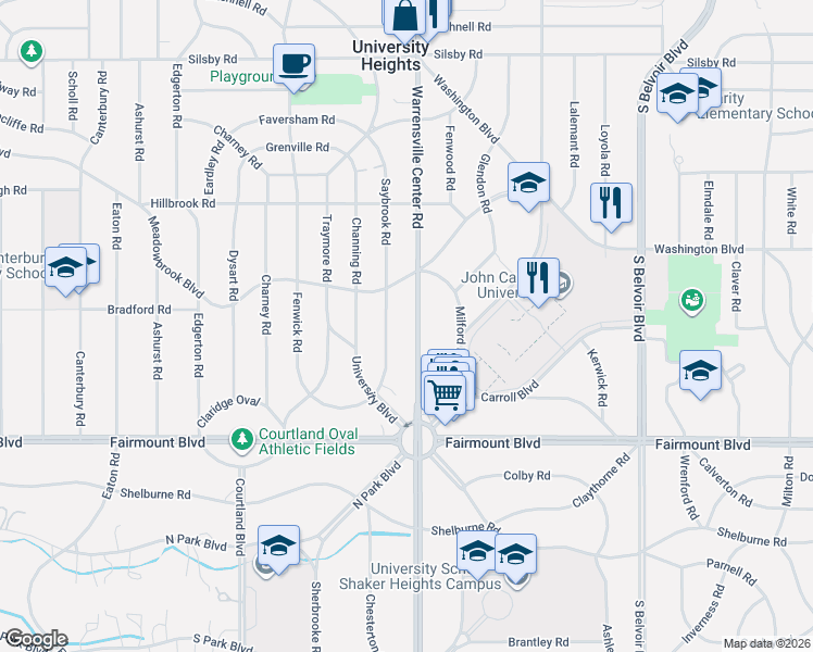 map of restaurants, bars, coffee shops, grocery stores, and more near 2560 Warrensville Center Road in Cleveland