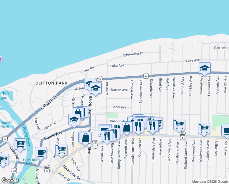 map of restaurants, bars, coffee shops, grocery stores, and more near 17455 Norton Avenue in Lakewood