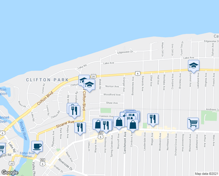map of restaurants, bars, coffee shops, grocery stores, and more near 17455 Norton Avenue in Lakewood
