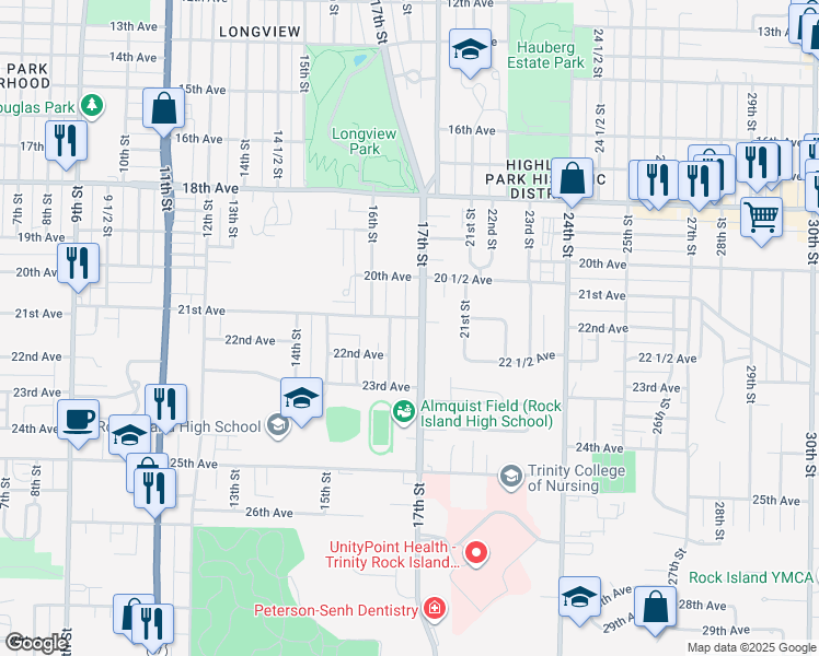 map of restaurants, bars, coffee shops, grocery stores, and more near in Rock Island